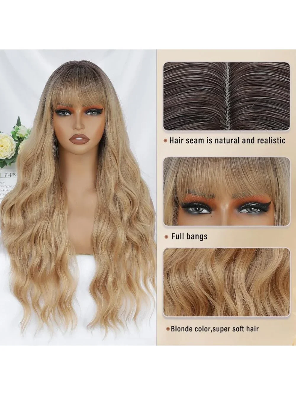 Women's Dark Blonde 26 Inch Natural Looking Heat Resistant Synthetic Wigs Bangs